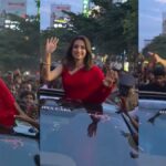 கோவையில் நடிகை திரிஷா ரோடு ஷோ.. திறந்த காரில் நின்றபடி சென்றதால் ரசிகர்கள் உற்சாகம்!
